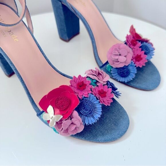 ⭕️ KATE SPADE Obelie Heels Sandals Denim Flowers Blue - Picture 4 of 8